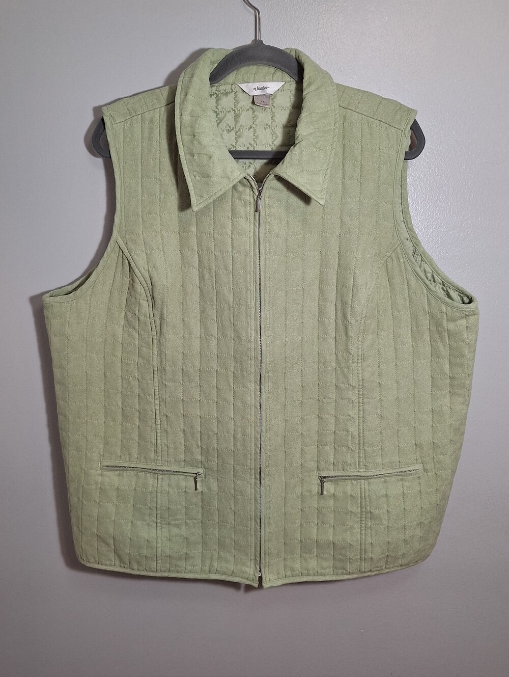 Sage Green Quilted Faux Suede Zip Up Vest Wms 1X Pockets Fall Outdoor CJ Banks